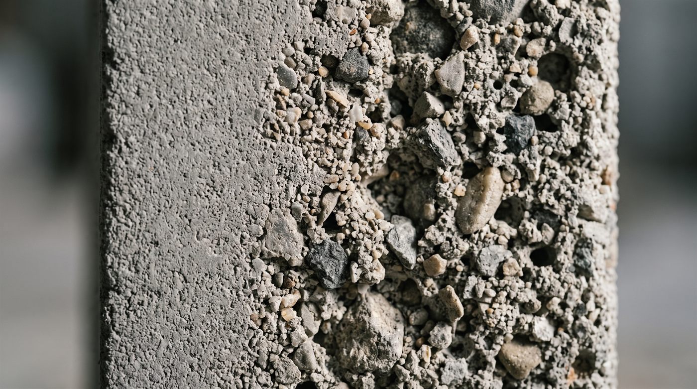 Detalle de la cara de un bloque donde la textura pasa de cerrada y densa a abierta, con el agregado a la vista
